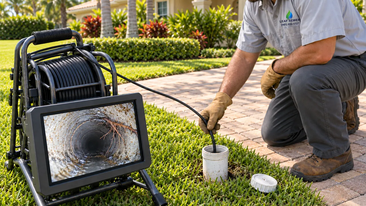 A sewer inspection camera reel and monitor beside an open yard cleanout, the push cable fed into the pipe by a gloved hand