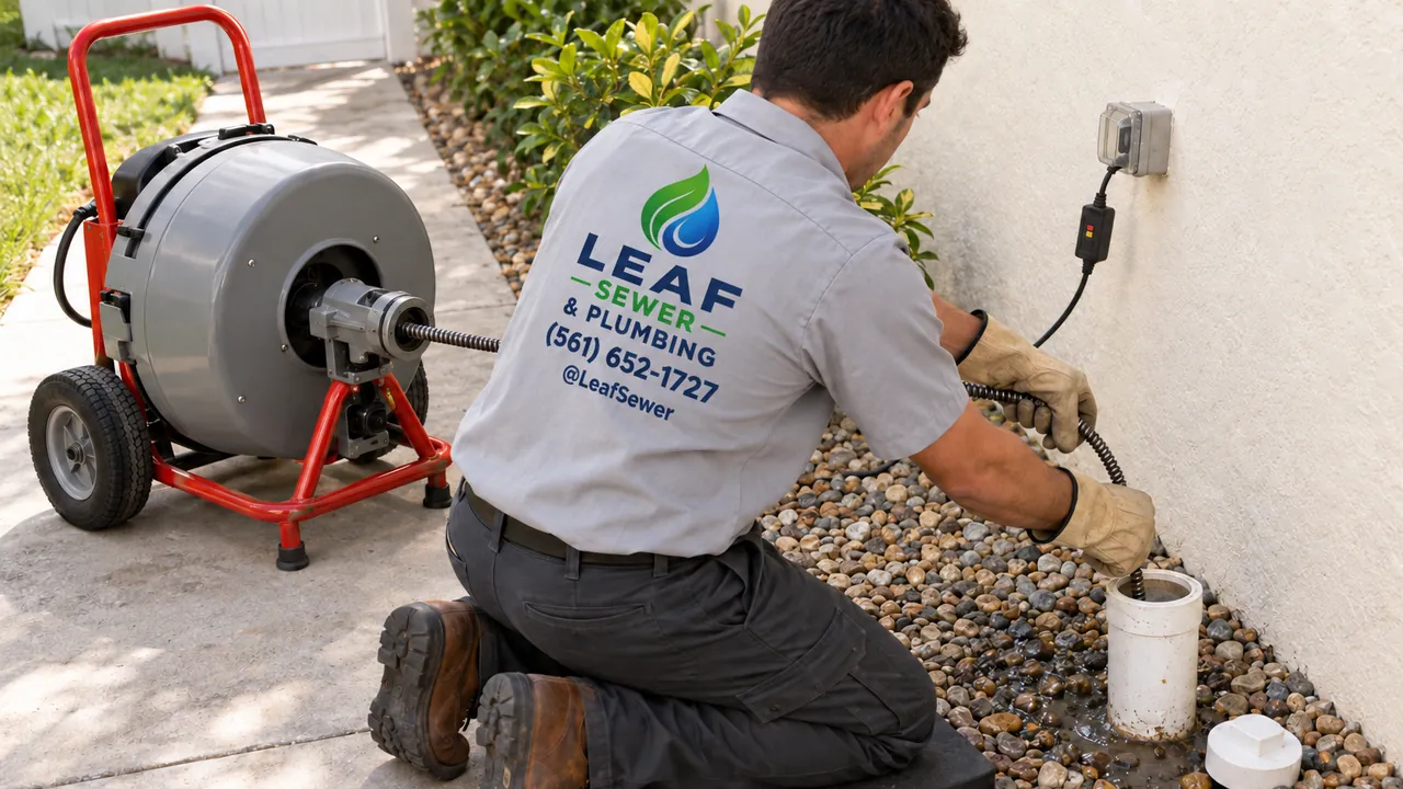 A worker feeding the steel cable of a drum machine into a yard sewer cleanout beside a stucco wall