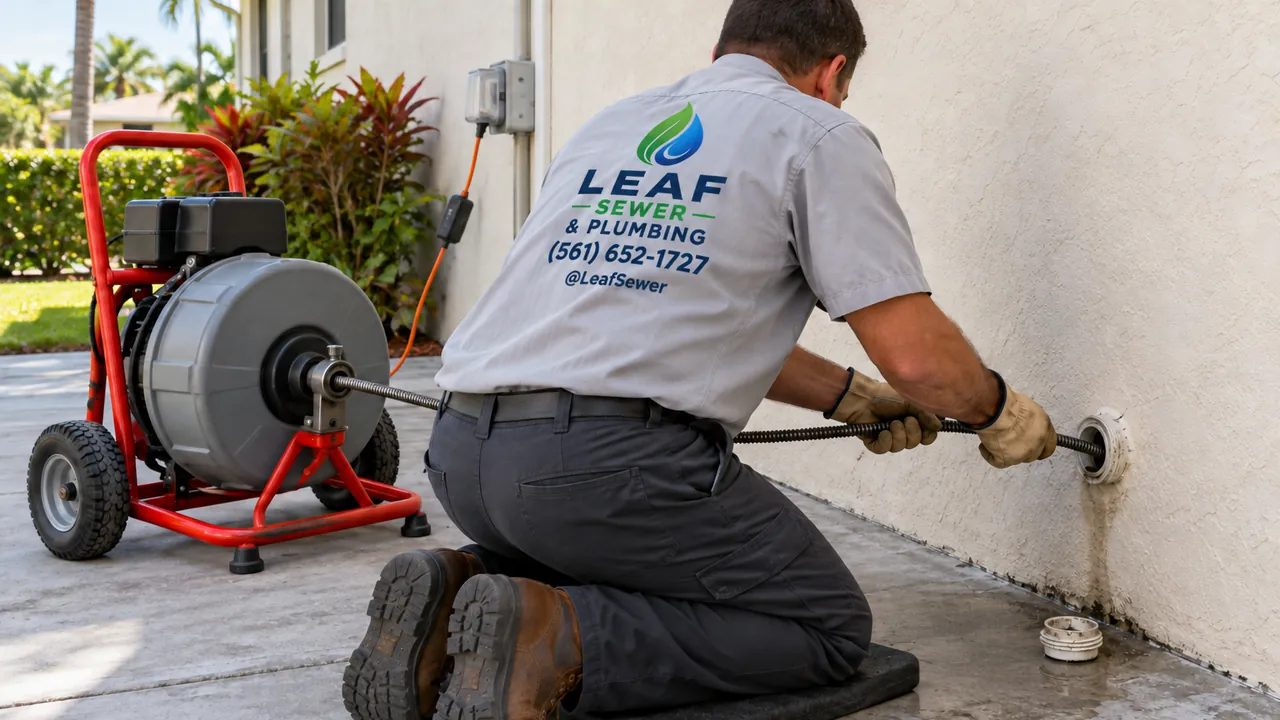 A worker clearing a backed-up line through a small cleanout in an outside wall with a drum machine’s cable